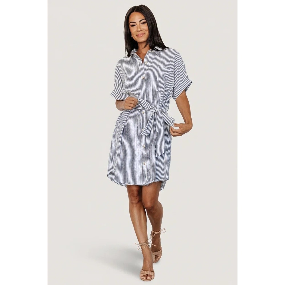 Baltic Born Blue White Striped Button Down Tie Waist Shirt Dress Large MD6995G